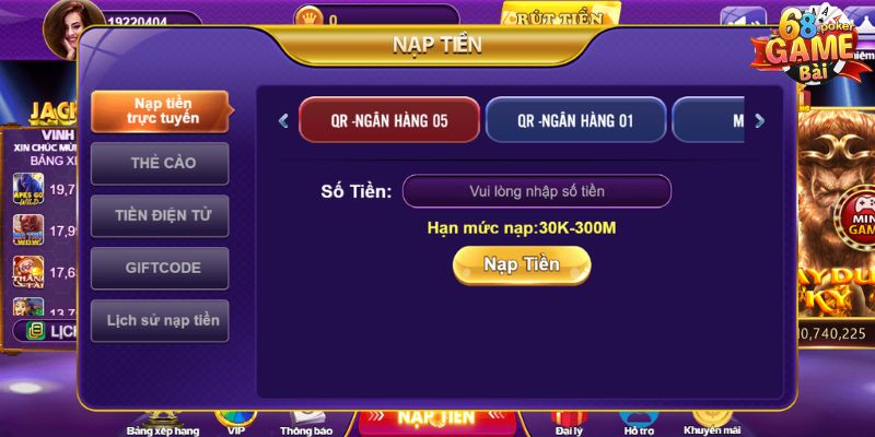 Hướng dẫn nạp tiền vào cổng game 68 Game Bài mới nhất